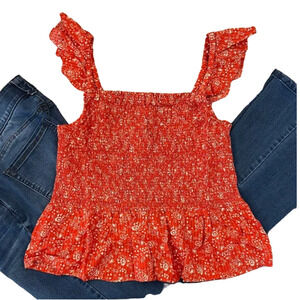 NWT Madewell Fresh Chili Red Lucie Floral Smocked Peplum Top